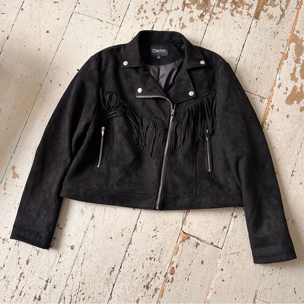 Chartou Faux Suede Fringe Cropped Moto Jacket